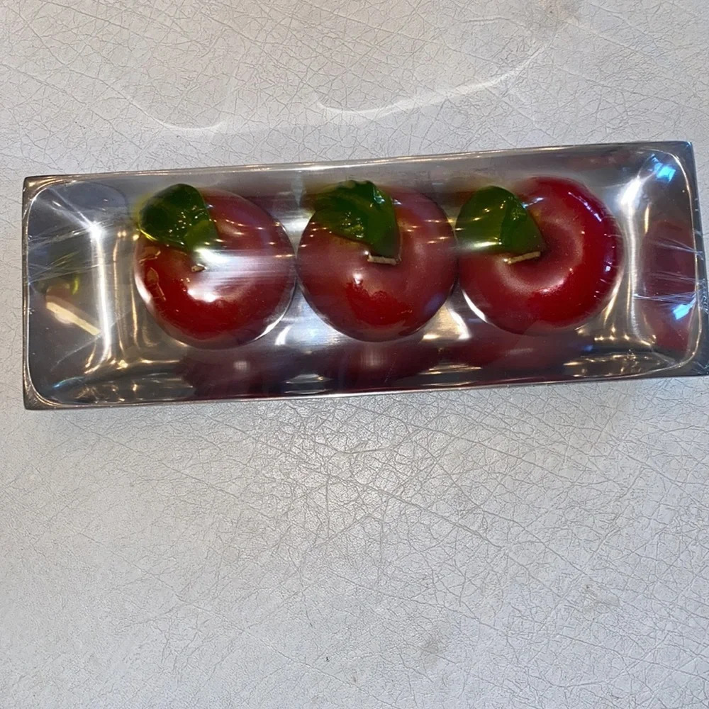(3) Apple Candles on Silver serving plate NEW